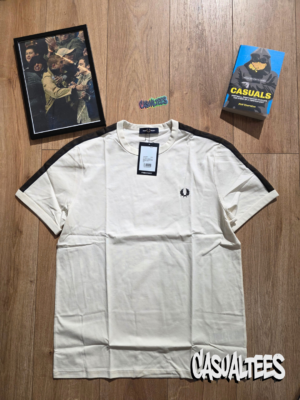 Fred Perry Tricou Alb Cu Benzi Brodate pentru barbati